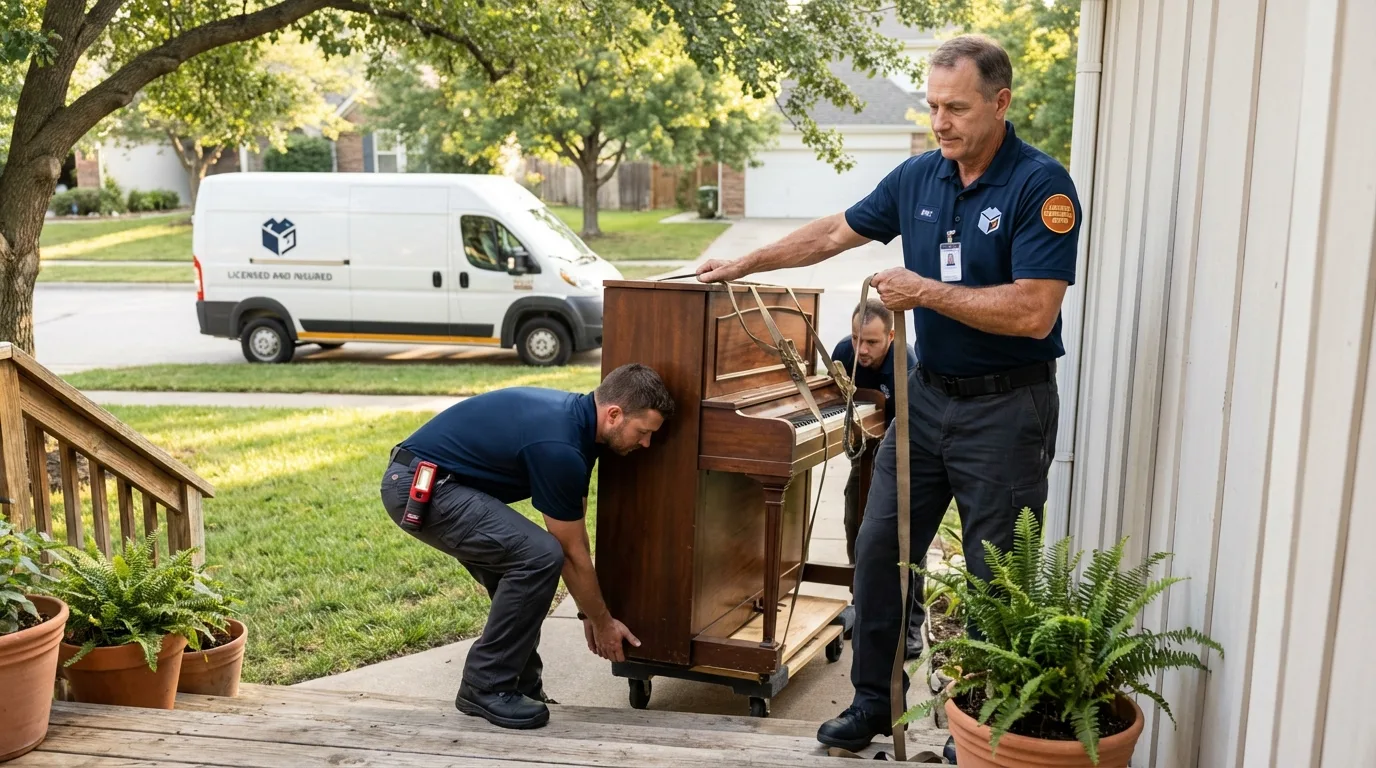 Licensed piano movers securing grand piano in Clanton, AL