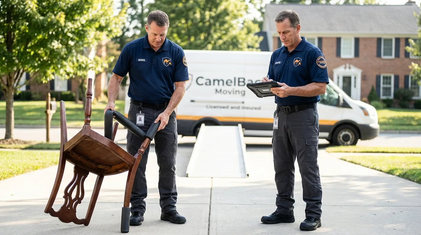 Movers inspecting furniture for damage prevention before loading in Clanton, AL